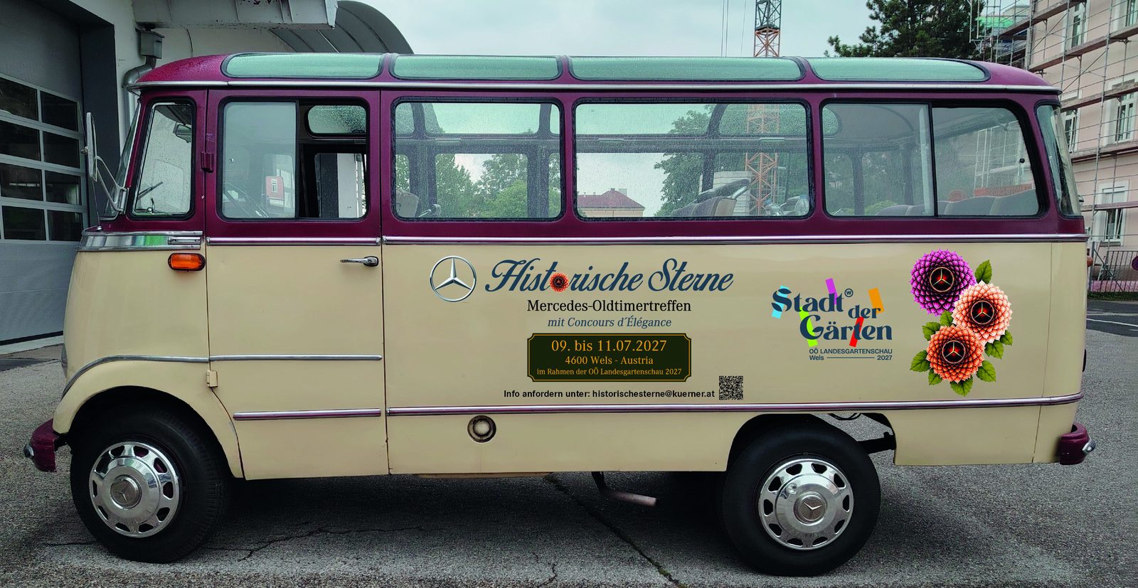 Mercedes-Benz O319 Bus, Baujahr 1966, in Creme und Bordeaux mit Historische-Sterne-Beschriftung